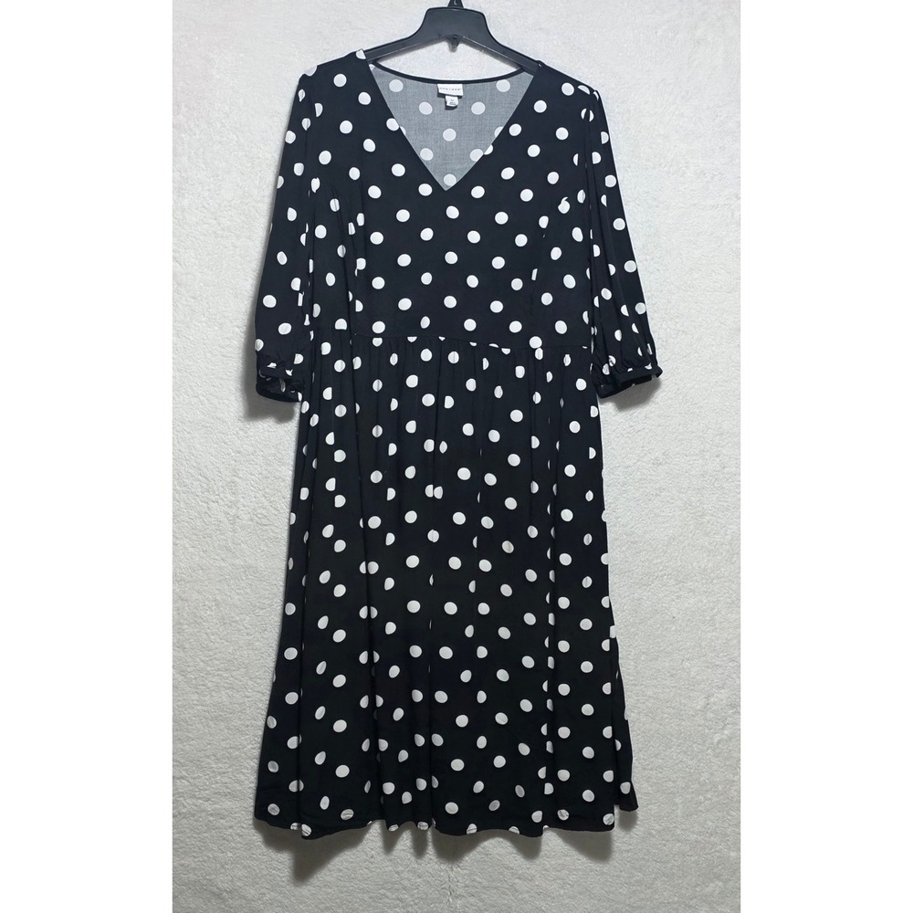 Ava & Viv Women's 2X Black Polka Dot V-Neck Empire Waist Midi Dress 3/4 Sleeve